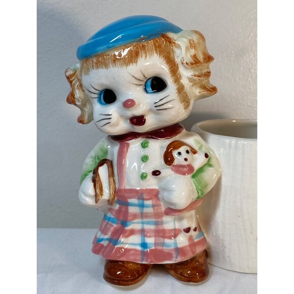 Ceramic Planter Kitschy Cat School Girl  Book Doll Nursery VTG - Picture 4 of 14